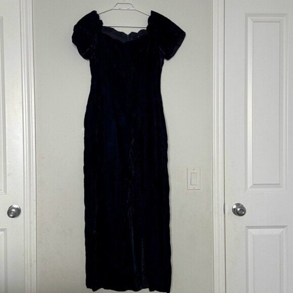 Williams Dark Blue Lined Velvet Maxi Dress with Slit Plunging Scallop Neckline S - Picture 3 of 16